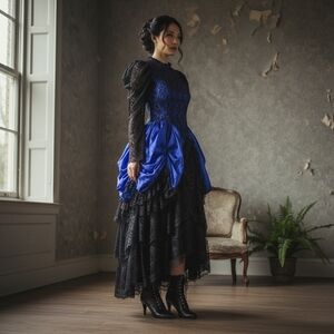 Vintage 80s Black Lace Victorian Dress Sz M Blue Metallic Bustle Regencycore